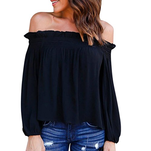 Kolylong® Frauen Elegant Trägerlos Bluse Herbst Winter Locker Langarm Shirts Backless Top Hemd (M, Schwarz) von Kolylong