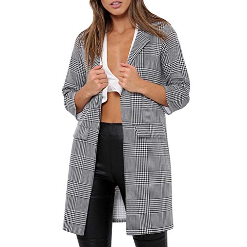 Strickjacke Damen Kolylong® Frauen Vintage Plaid Lang Mantel Herbst Winter Warm Windbreaker Elegant Strickjacke Slim Parka Outwear Locker Jacke Cardigan Langarmshirts (L, Schwarz) von Kolylong