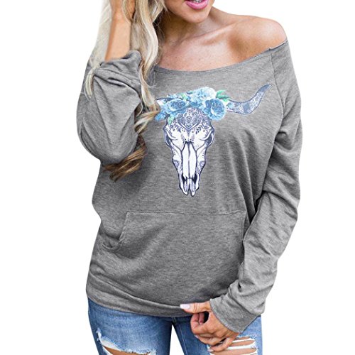 Sweatshirt Damen Kolylong® Frauen Elegant Drucken Trägerlos Sweatshirt Herbst Locker Langarmshirts Reizvoller Off Shoulder Bluse Mantel Sport Pullover T-Shirt Tops Oberteile (L, Dunkelgrau) von Kolylong