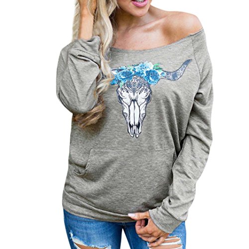 Sweatshirt Damen Kolylong® Frauen Elegant Drucken Trägerlos Sweatshirt Herbst Locker Langarmshirts Reizvoller Off Shoulder Bluse Mantel Sport Pullover T-Shirt Tops Oberteile (L, Grau) von Kolylong