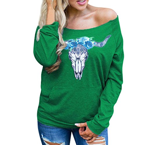 Sweatshirt Damen Kolylong® Frauen Elegant Drucken Trägerlos Sweatshirt Herbst Locker Langarmshirts Reizvoller Off Shoulder Bluse Mantel Sport Pullover T-Shirt Tops Oberteile (L, Grün) von Kolylong