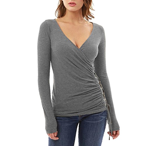 Kolylong® Sweatshirt Damen Frauen Elegant Spitze Bluse mit V-Ausschnitt Herbst Winter Locker Langarmshirts Slim Basic Shirt Pullover T-Shirt Tunika Tops Oberteile (M, Grau) von Kolylong