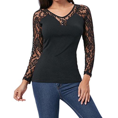 Kolylong® Sweatshirt Damen Frauen Elegant Spitze Bluse mit V-Ausschnitt Herbst Winter Locker Langarmshirts Slim Basic Shirt Pullover T-Shirt Tunika Tops Oberteile (M, Schwarz-b) von Kolylong