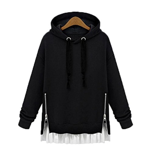 Sweatshirt Damen Kolylong® Frauen Elegant Spitze Sweatshirt Kapuze Herbst Winter Verdickte Lange Pullover Warm Mantel Zipper Jacke Outwear Overcoat Tops Oberteile (L, Schwarz) von Kolylong