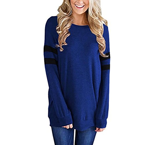 Sweatshirt Damen Kolylong® Frauen Elegant Streifen Lange Ärmel Bluse Einfarbig Langarm Shirt Beiläufiges T-Shirt Sport Pullover Basic Shirt Hemd Tunika Tops Oberteile (L, Blau) von Kolylong®