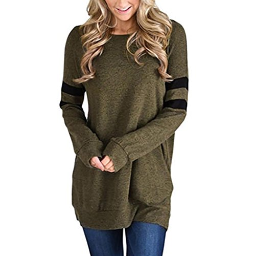 Sweatshirt Damen Kolylong® Frauen Elegant Streifen Lange Ärmel Bluse Einfarbig Langarm Shirt Beiläufiges T-Shirt Sport Pullover Basic Shirt Hemd Tunika Tops Oberteile (L, Grün) von Kolylong