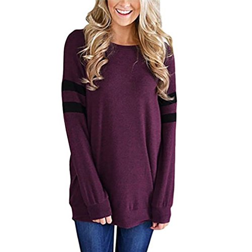 Sweatshirt Damen Kolylong® Frauen Elegant Streifen Lange Ärmel Bluse Einfarbig Langarm Shirt Beiläufiges T-Shirt Sport Pullover Basic Shirt Hemd Tunika Tops Oberteile (L, Lila) von Kolylong