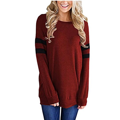 Sweatshirt Damen Kolylong® Frauen Elegant Streifen Lange Ärmel Bluse Einfarbig Langarm Shirt Beiläufiges T-Shirt Sport Pullover Basic Shirt Hemd Tunika Tops Oberteile (L, Weinrot) von Kolylong®