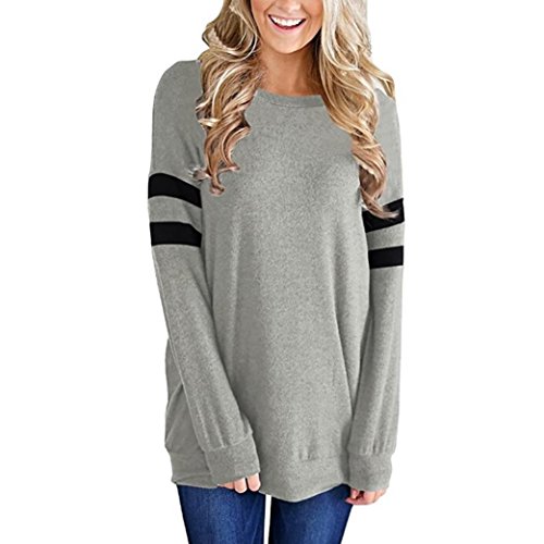 Sweatshirt Damen Kolylong® Frauen Elegant Streifen Lange Ärmel Bluse Einfarbig Langarm Shirt Beiläufiges T-Shirt Sport Pullover Basic Shirt Hemd Tunika Tops Oberteile (M, Grau) von Kolylong