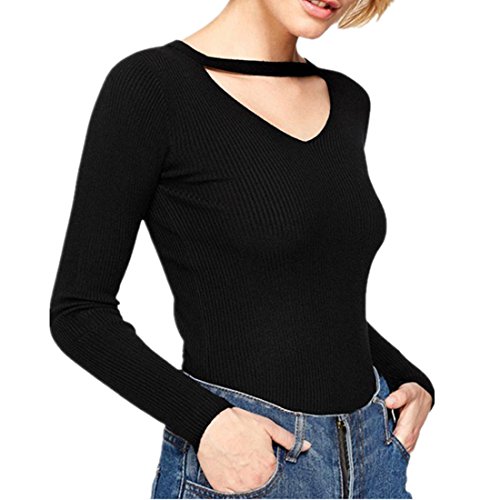 Sweatshirt Damen Kolylong® Frauen Elegant V-Ausschnitt Blusen Slim Langarm Shirt Einfarbig Basic Shirt Pullover Festlich Oberteile T-Shirt Tunika Crop Top (M, Schwarz) von Kolylong