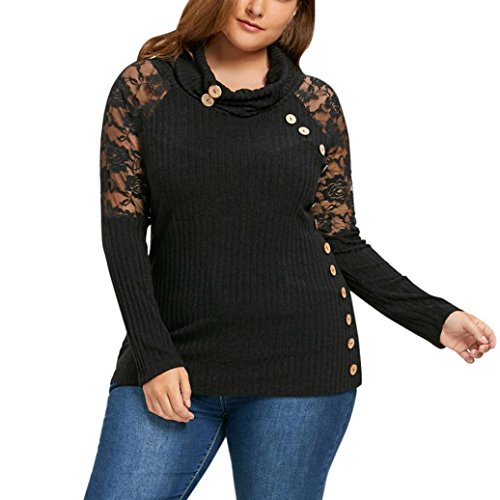 Übergröße Blusen Damen Kolylong® Frauen Elegant Spitze Rollkragen Pullover Vintage Spitzeblusen Slim Fit Langarmshirt Plus Size T-Shirt Strick Sweatshirt Oberteile Tunika Top (XL, Schwarz) von Kolylong