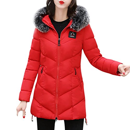 Wintermantel Damen Kolylong® Frauen Herbst Winter Warm Mantel mit Pelzkragen Verdickte Daunenmantel Lang Locker Parka Outwear Mode Strickjacke Steppmantel Windbreaker Overcoat (M, Rot) von Kolylong