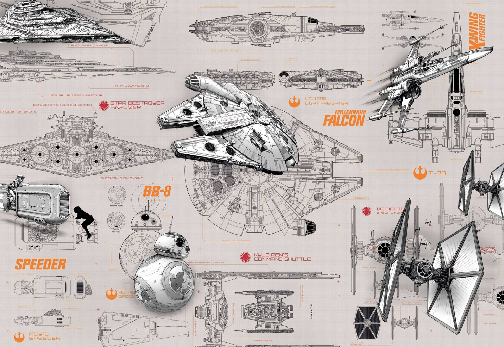 Komar Fototapete "STAR WARS Blueprints - Größe 368 x 254 cm" bedruckt glatt Kinderzimmer von Komar