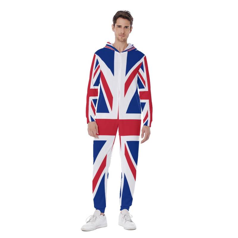 Uk Flag Men's Hooded Jumpsuit - All-Over Union Jack Print, British One-Piece Outfit, Patriotic Loung von Kombitrix