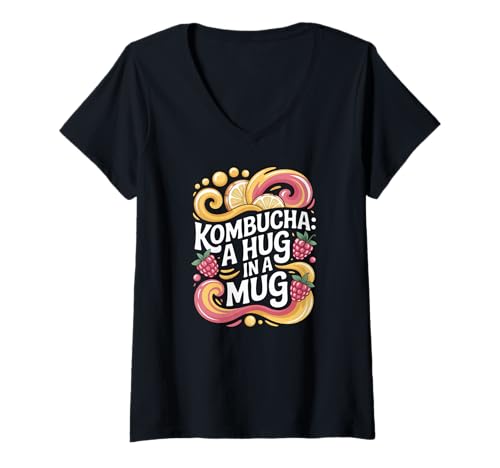 Damen Kombucha A Hug In A Mug Himbeer Lemon Tea Vibes T-Shirt mit V-Ausschnitt Damen Kombucha A Hug In A Mug Himbeer Lemon Tea Vibes T-Shirt mit V-Ausschnitt von Kombucha Raspberry Lemon Probiotic Tea Lover