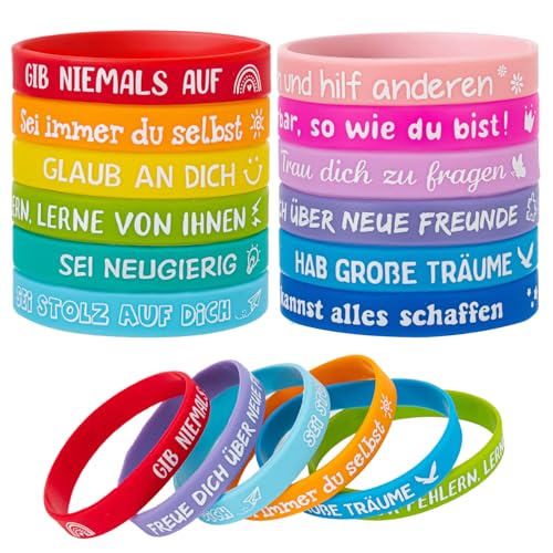 24 Stück Motivationsarmbänder Kinder auf Deutsch, Silikon Armbänder Kinder mit Positiven Sprüchen, Einschulung Geschenk, Geburtstag Grundschule Abschiedsgeschenk Kindergarten für Teenager Schulkinder​ von Komergave
