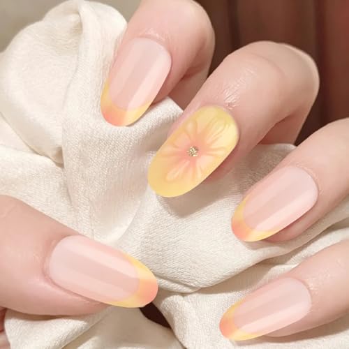 24 Stück Nägel Sticker Set, Mandeln French Tip Kunstnägel Zum Aufkleben, Falsche Künstliche Nägel Zum Aufkleben, Design 3D Blume Künstliche Fingernägel für Frauen & Mädchen von Komergave
