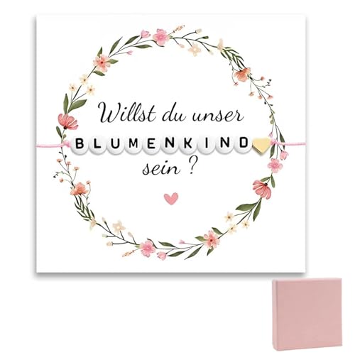 Blumenkind Armband Set, Blumenmädchen Armband Geschenke Set mit Verstellbarem Perlen Armbänder und Karte & Rosa Geschenkbox, Kinderarmband Armkettchen für Mädchen zur Hochzeit Verlobung von Komergave