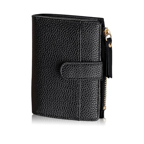 Leder Geldbörse Damen Klein mit Kartenfächern,Portemonnaie Damen Klein mit Große Kapazität, Kleiner Geldbeutel mit Reißverschlusstasche und Banknotenfach, Schwarz von Komergave