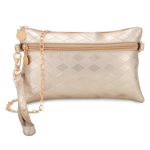 Komergave Handtasche Damen Klein, Multifunktionale Handtasche Damen, Doppeldecker-Geldbörse mit Karomuster, Goldene Umhängetasche Portemonnaie Handytasche für Frauen von Komergave