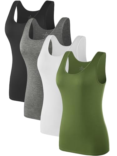 Komfokore 4pcs Tank Tops für Damen ärmelloses Unterhemd Schichtung Tanks Schwarz/Dunkelgrau/Weiß/Armeegrün M von Komfokore