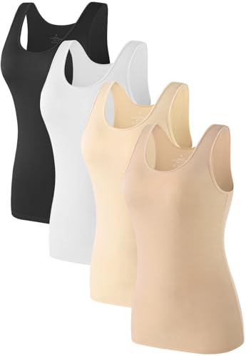 Komfokore 4pcs Tank Tops für Damen ärmelloses Unterhemd Schichtung Tanks Schwarz/Weiß/Dunkelhäutig/Hellhäutig S von Komfokore