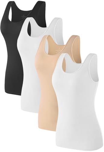 Komfokore 4pcs Tank Tops für Damen ärmelloses Unterhemd Schichtung Tanks Schwarz/Weiß/Dunkelhäutig/Weiß S von Komfokore
