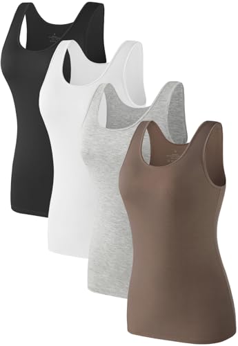 Komfokore 4pcs Tank Tops für Damen ärmelloses Unterhemd Schichtung Tanks Schwarz/Weiß/Grau/Braun M von Komfokore