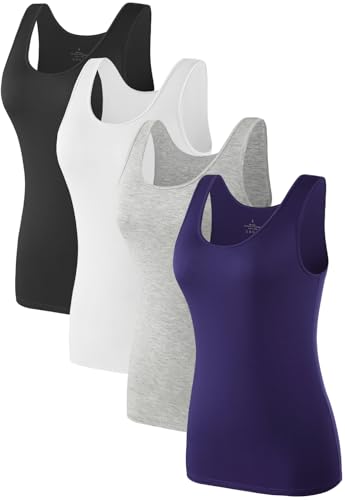 Komfokore 4pcs Tank Tops für Damen ärmelloses Unterhemd Schichtung Tanks Schwarz/Weiß/Grau/Dunkelbau M von Komfokore