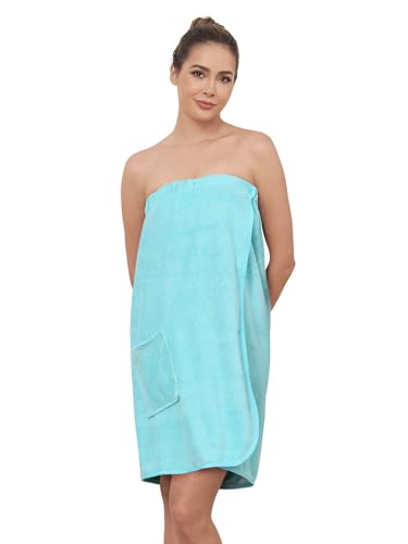 Komfokore Damen Bademantel knielang mit Knopfverschluss – Leichter Spa-Mantel mit verstellbarem Verschluss & praktischen Seitentaschen Blau XL von Komfokore