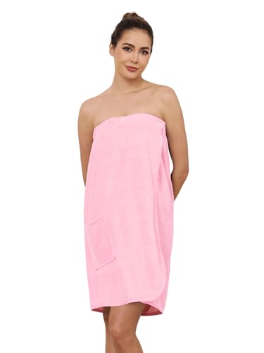 Komfokore Damen Bademantel knielang mit Knopfverschluss – Leichter Spa-Mantel mit verstellbarem Verschluss & praktischen Seitentaschen Rosa XL von Komfokore