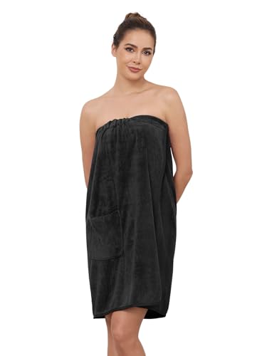 Komfokore Damen Bademantel knielang mit Knopfverschluss – Leichter Spa-Mantel mit verstellbarem Verschluss & praktischen Seitentaschen Schwarz L von Komfokore
