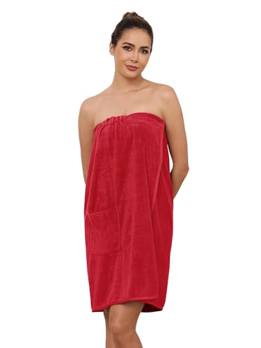 Komfokore Damen Bademantel knielang mit Knopfverschluss – Leichter Spa-Mantel mit verstellbarem Verschluss & praktischen Seitentaschen WeinRot XL von Komfokore