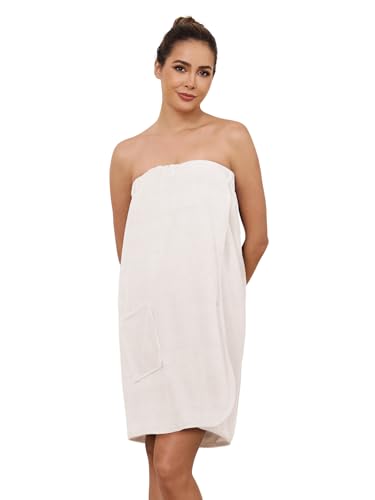 Komfokore Damen Bademantel knielang mit Knopfverschluss – Leichter Spa-Mantel mit verstellbarem Verschluss & praktischen Seitentaschen Weiß XL von Komfokore