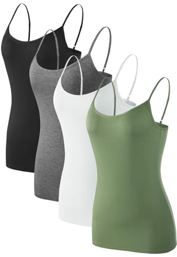 Komfokore Damen Unterhemen Verstellbar Spaghettiträger Tank Top Basic Camisole Ultra Soft Schichtung Top 4er Pack Schwarz/Dunkelgrau/Weiß/Armeegrün S von Komfokore