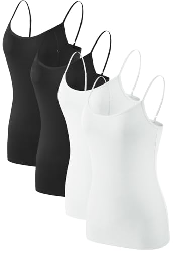 Komfokore Damen Unterhemen Verstellbar Spaghettiträger Tank Top Basic Camisole Ultra Soft Schichtung Top 4er Pack Schwarz/Schwarz/Weiß/Weiß L von Komfokore