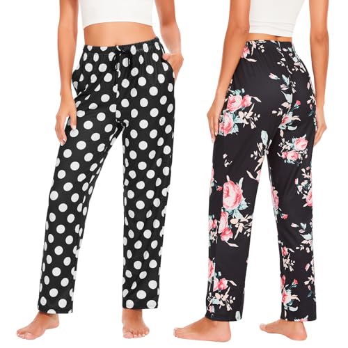 Komfokore 2er Schlafanzughosen für Damen Lange karierte Pyjamahose Dehnbare Lounge Hose Weiche Pyjamahose mit Taschen Polka Dot/Schwarze Blume XL von Komfokore