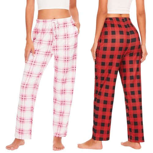 Komfokore 2er Schlafanzughosen für Damen Lange karierte Pyjamahose Dehnbare Lounge Hose Weiche Pyjamahose mit Taschen Rosa Karo/Rotes Karo XL von Komfokore