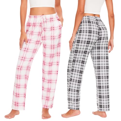 Komfokore 2er Schlafanzughosen für Damen Lange karierte Pyjamahose Dehnbare Lounge Hose Weiche Pyjamahose mit Taschen Rosa Karo/Schwarzes Karo XL von Komfokore
