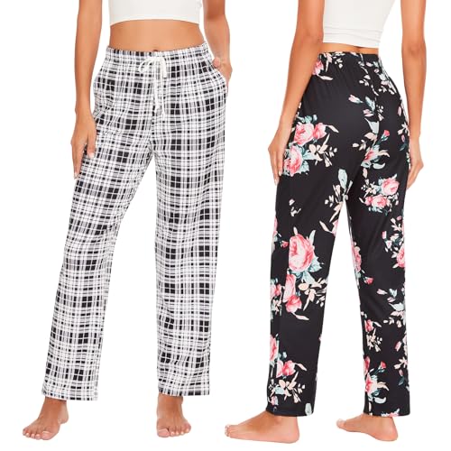 Komfokore 2er Schlafanzughosen für Damen Lange karierte Pyjamahose Dehnbare Lounge Hose Weiche Pyjamahose mit Taschen Schwarz Karo/Schwarze Blume M von Komfokore