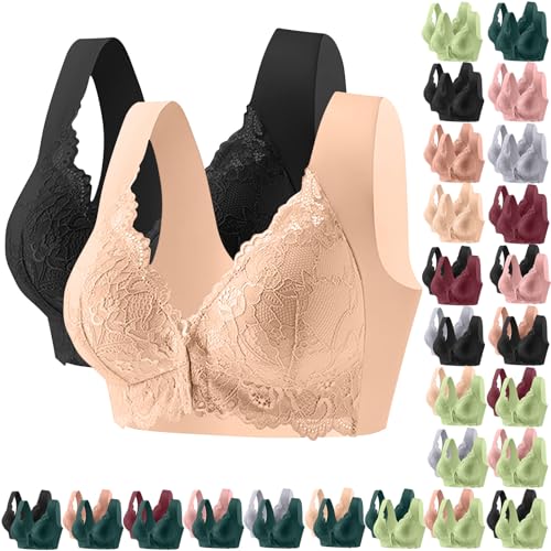 2er Pack Damen-BHs Einfarbig Spitze Nahtloser BH Ohne Bügel Glatt Komfort Vollschalen Gepolstert Bustier Verstellbar Unterwäsche für Täglichen Gebrauch Seamless Push Up Bralette Starker Halt Soft Bra von Komiseup