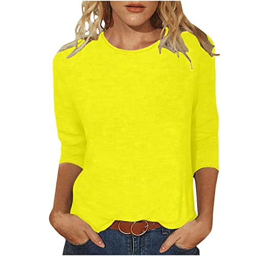 3/4 Arm Tshirt Damen Baumwolle Shirt Sommer Basic T-Shirts Rundhals Pullover Elegant Einfarbige Oberteile Lässige Locker Bluse Leicht Tunika Tops Slim Fit Damenblusen Stretch Longbluse für Frauen von Komiseup