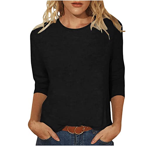 3/4 Arm Tshirt Damen Baumwolle Shirt Sommer Basic T-Shirts Rundhals Pullover Elegant Einfarbige Oberteile Lässige Locker Bluse Leicht Tunika Tops Slim Fit Damenblusen Stretch Longbluse für Frauen von Komiseup