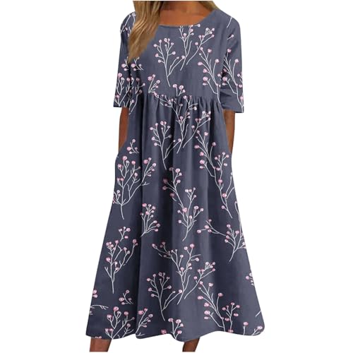 Abendkleid Damen Lang Sommerkleid Kurzarm Rundhals Maxikleid Baggy Boho Strandkleid mit Taschen Elegant Blumendruck Blusenkleid A-Linie Hoher Taille Cocktailkleid Teenager Mädchen Festliche Kleider von Komiseup