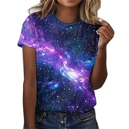 Ausgefallene Tshirt Damen Galaxie Drucken T-Shirt Basic Bluse Tops Kurzarm Shirt mit Rundhalsausschnitt Locker Frauen Oberteile Sommer Alltag Crop Top Teenager Mädchen Sportshirt Y2k Sommerkleidung von Komiseup
