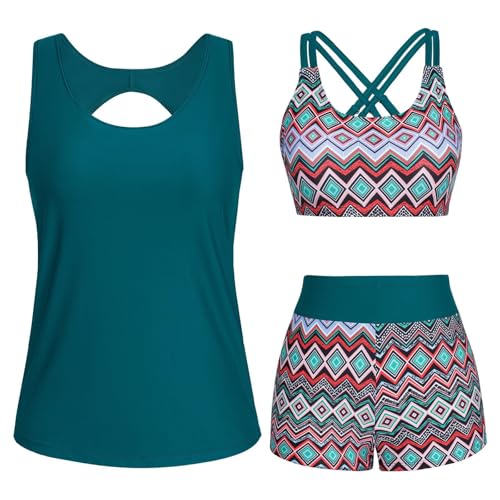 Badeanzug Damen 3-Teiliger Tankini Set Bikini Set Bauchweg Bademode 3 Teilig Badeanzüge Tank Top mit Push-up-Bikinioberteil und High Waist Badeshorts Blumendruck Schwimmanzug Einfarbig Strandmode von Komiseup
