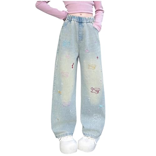Baggy Jeans Mädchen Sommer Wide Leg Hosen Kinder Jeanshose Breite Bein Schlaghose Vintage Einfarbig Denim Jeans Elastischer Sporthose Mode Y2K Boyfriend Cargohose mit Taschen Stretch Pants 120-170 von Komiseup