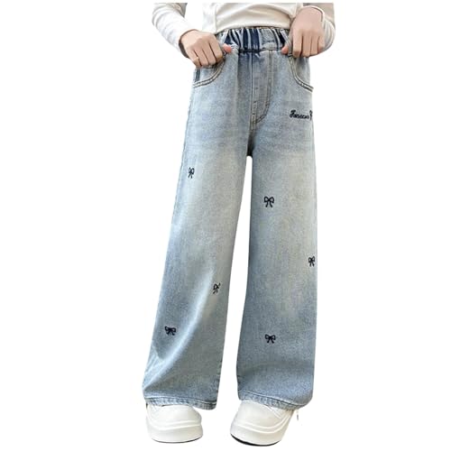 Baggy Jeans Mädchen Sommer Wide Leg Hosen Kinder Jeanshose Breite Bein Schlaghose Vintage Einfarbig Denim Jeans Elastischer Sporthose Mode Y2K Boyfriend Cargohose mit Taschen Stretch Pants 120-170 von Komiseup