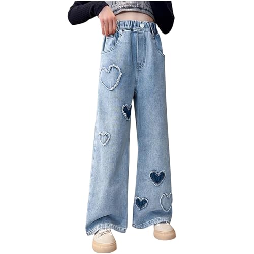 Baggy Jeans Mädchen Weites Bein Schlaghose Lang Jeanshosen Hohe Taille Cargohose Sommer Loch Denim Hosen Locker Punk Gerade Jeanspants Kinder Freizeithose Vintage Waschung Jeans für 3-16 Jahre von Komiseup