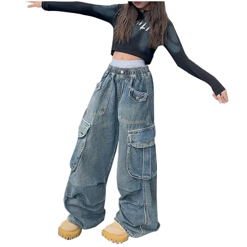 Baggy Jeans Mädchen Weites Bein Schlaghose Lang Jeanshosen Hohe Taille Cargohose Sommer Loch Denim Hosen Locker Punk Gerade Jeanspants Kinder Freizeithose Vintage Waschung Jeans für 3-16 Jahre von Komiseup